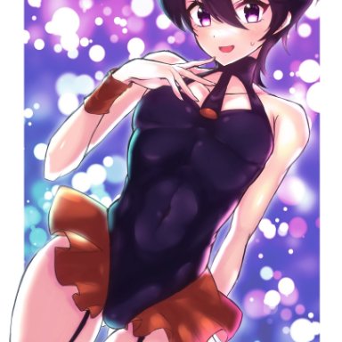 1boy, black hair, blush, bulge, bulge through clothing, bunny ears, bunnysuit, crossdressing, femboy, jojo's bizarre adventure, narancia ghirga, purple eyes, skin tight, skindentation, smile