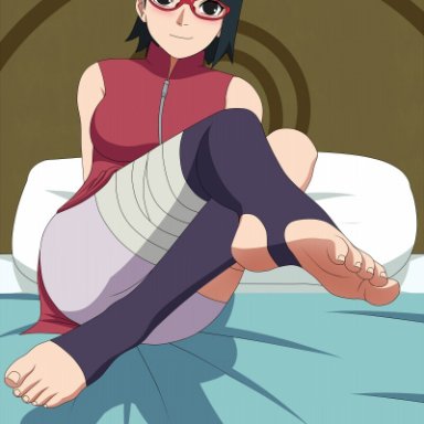 1girls, arekusanderu, arms behind back, bandage, bandaged leg, bare arms, bare shoulders, bed, bedroom, bike shorts, black eyes, black hair, black legwear, blush, boruto: naruto next generations