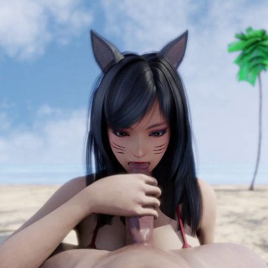 ahri, animated, beach, bikini, blender, blender (software), blowjob, cum, cum in mouth, cumshot, handjob, league of legends, pov, pov eye contact, sound