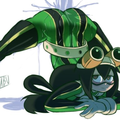 1girls, ass, ass up, banjabu, blush, bodysuit, clothed, female, female only, gloves, goggles, goggles on head, green hair, hero outfit(mha), jack-o pose