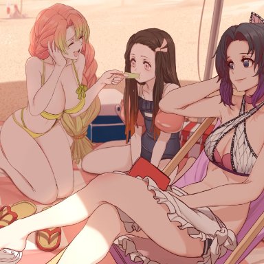 3girls, :d, ^ ^, ball, bangs, bare arms, bare legs, bare shoulders, barefoot, beach, beachball, bikini, black eyes, black hair, black swimsuit