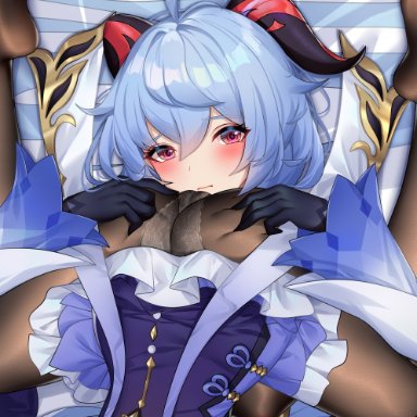 2girls, 69, ass, bangs, black legwear, blue hair, blush, dakimakura (medium), furrowed brow, ganyu (genshin impact), genshin impact, gloves, horns, imminent cunnilingus, keqing (genshin impact)