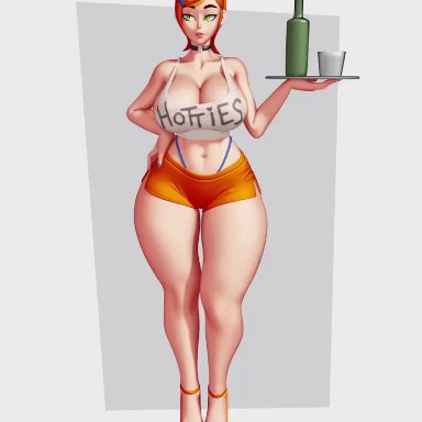 3d, ben 10, cartoon network, choker, crop top, dat ass, green eyes, gwen tennyson, high heels, hooters, hooters uniform, nail polish, orange hair, rushzilla, serving tray