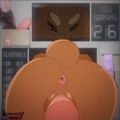 16:9, ameafterdark, animated, anthro, anthro penetrated, anus, butt jiggle, condom, detailed background, disembodied penis, english text, female, female penetrated, genitals, humanoid genitalia