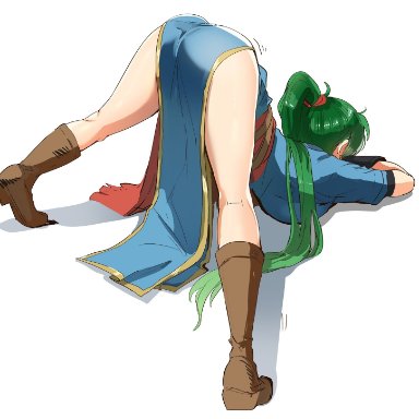 1girls, ass, back view, big ass, black gloves, boots, breasts, dress, earrings, fingerless gloves, fire emblem, fire emblem: the blazing blade, gloves, green hair, guilty gear