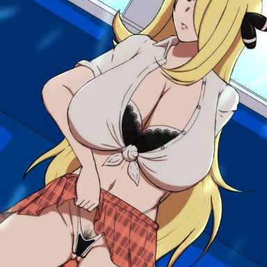 1girls, big breasts, blonde hair, breasts, burningkaraage, cynthia (pokemon), female, hair ornament, large breasts, long hair, nintendo, pokemon, pokemon dppt, pubic hair, school uniform