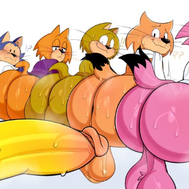 6+boys, animal ears, anthro, ass, ass sweat, balls, benny the ball, big ass, black eyes, black nose, blue fur, blush, bottomless, brain (top cat), brown fur