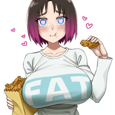 :t, bag, big breasts, black hair, blue eyes, breasts, clothes writing, collarbone, commentary, eating, elma (dragon maid), elma (maidragon), english text, eyes visible through hair, female