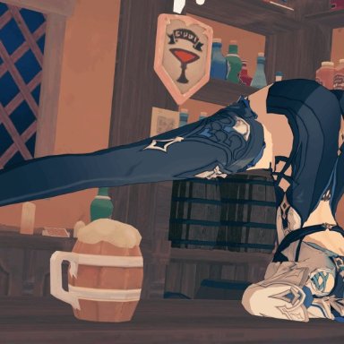 1girl, 3d, animated, ass, bar, drinks, eula (genshin impact), female, female only, genshin impact, jack-o pose, jackochallenge, legs, pose, solo