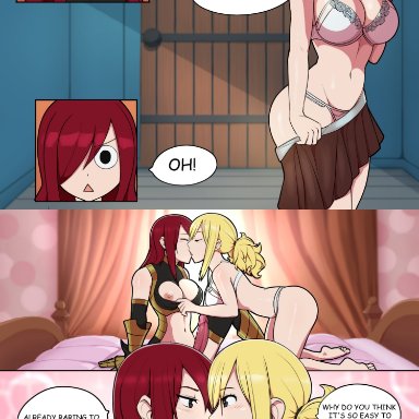 ahe gao, all fours, arms behind back, arsonsquid, blonde hair, breasts, doggy style, erlu, erza scarlet, exposed breasts, fairy tail, kissing, lingerie, lucy heartfilia, red hair