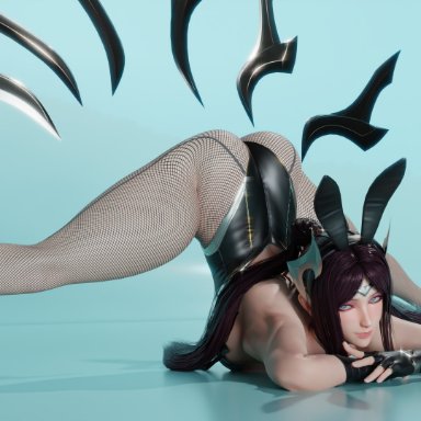 bunny ears, bunnysuit, gelzy, irelia xan, jackochallenge, league of legends, looking at viewer, simple background, top-down bottom-up