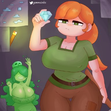 alex (minecraft), big breasts, cleavage, gammainks, green eyes, humanized, minecraft, red hair, slime (minecraft), slime girl, thick thighs