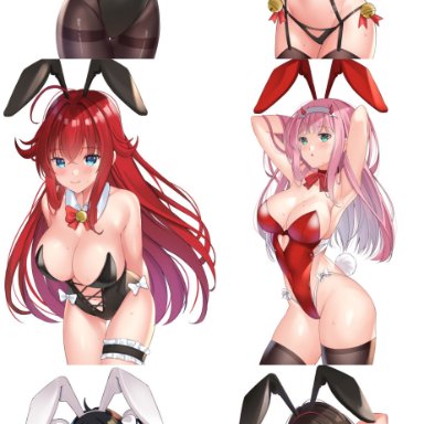 6girls, arms behind back, arms behind head, arms up, blackheartxiii, bunny ears, bunny girl, bunnysuit, crossover, darling in the franxx, dungeon ni deai wo motomeru no wa machigatteiru darou ka, edit, female, hestia (danmachi), high school dxd