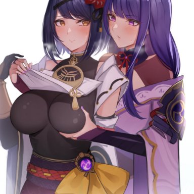 2girls, baal (genshin impact), blush, bodysuit, breast grab, breasts, busty, clothing, female, female only, fondling, fondling breast, genshin impact, groping, highres