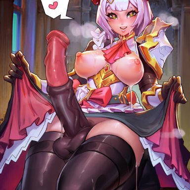 1futa, animal genitalia, areolae, balls, blush, breasts, clothed, clothing, erection, functionally nude, futa only, futanari, genshin impact, green eyes, heart-shaped pupils