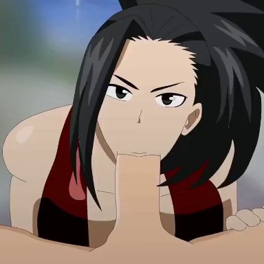 big breasts, big penis, black eyes, black hair, blowjob, clothed, clothing, deepthroat, gif, gigantic breasts, light-skinned female, light-skinned male, long hair, looking at viewer, momo yaoyorozu