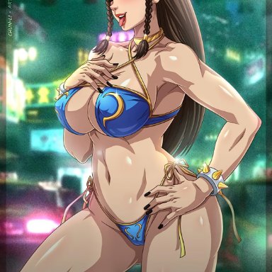 1girls, bangs, belly, belly button, big breasts, bikini, black nails, blurry background, blush, braid, breasts, brown eyes, brown hair, cameltoe, capcom