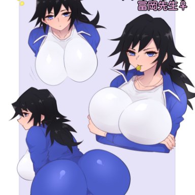 arms under breasts, ass, big ass, big breasts, black hair, blue eyes, coach, demon slayer, female, female only, fully clothed, genderswap (mtf), gym uniform, hanging breasts, huge ass