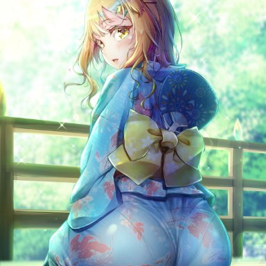 1boy, artist name, ass, barefoot, blonde hair, blue kimono, blush, bow, clothed, clothing, crossdressing, eyebrows visible through hair, fan, feet, femboy