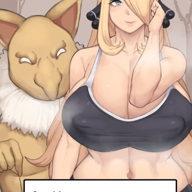 1boy, 1girls, 1pokemon, 2021, armpit crease, belly button, black sports bra, black yoga pants, blonde hair, blue eyes, cleavage, cynthia (pokemon), dialogue, english text, erect nipples