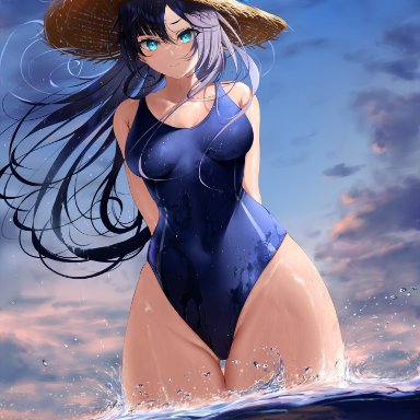 1girls, blue eyes, curvy, curvy figure, female, female only, genshin impact, hat, long hair, looking at viewer, mona (genshin impact), one-piece swimsuit, solo, solo female, swimsuit