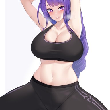 1girls, 2021, armpits, arms above head, arms up, baal (genshin impact), belly button, black sports bra, black yoga pants, breasts, cameltoe, cleavage, female, female focus, female only