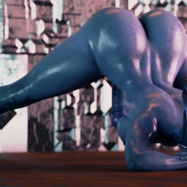 1futa, 3d, asari, ass, balls, barefoot, blue body, breasts, female, futa only, futanari, humanoid, humanoid penis, jack-o pose, jackochallenge