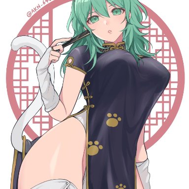 1girls, akn 646, alternate costume, bare thighs, byleth (fire emblem), byleth (fire emblem) (female), cat ears, cat tail, catgirl, fire emblem, fire emblem: three houses, green eyes, green hair, large breasts, looking at viewer