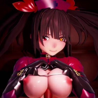 animated, artist request, big breasts, black gloves, bra, breast squeeze, cum, cum on breasts, cum on face, cum on hair, dark-skinned male, date a live, ddd sukebe, different eye color, facial