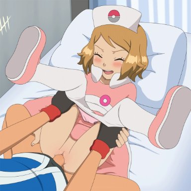 1:1 aspect ratio, 1boy, 1girls, amourshipping, animated, bed, blonde hair, blush, closed eyes, clothed sex, clothes pull, clothing, footwear, gloves, hands