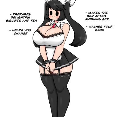 1girls, alternate version at source, alternate version available, artist logo, artist name, big breasts, black eyes, black hair, black legwear, blush, cleavage, clothed, clothed female, eyebrows through hair, female