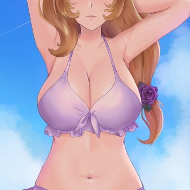 armpits, breasts, brown hair, female, female focus, female only, flower, genshin impact, green eyes, lisa (genshin impact), long hair, sleeptopi, smile, solo female