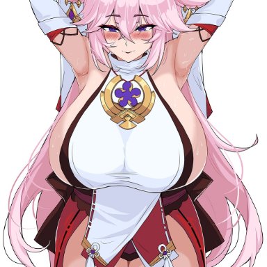 1boy, 1boy1girl, aether (genshin impact), age difference, animal ears, armpits, big breasts, blush, bulge, drogod (artist), earrings, erection, erection under clothes, excited, female