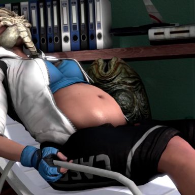 1girls, 1monster, 3d, alien, alien (franchise), animated, belly, belly bulge, big belly, cassie cage, clothed, creature, creature inside, dialogue, egg