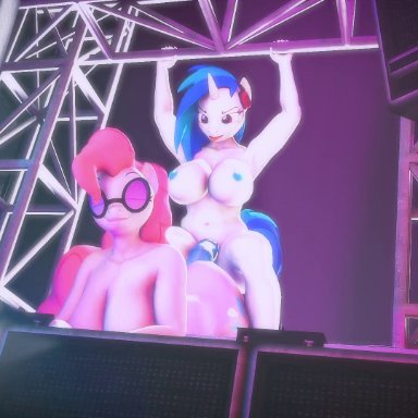 1futa, 1girls, ambiguous penetration, animated, anthro, armpits, breasts, disco, exhibitionism, friendship is magic, futanari, glasses, my little pony, nipples, pinkie pie (mlp)