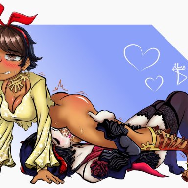 1futa, 1girls, all fours, artist request, artist signature, ass, blowjob, bottomless, bottomless futa, brown hair, cleavage, clothed, clothed female, clothing, cum