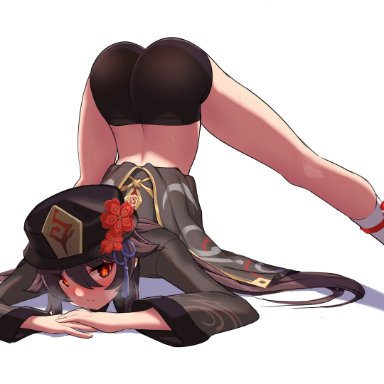 1girls, all fours, ass, ass up, bent over, blush, brown hair, clothing, female, female only, flexible, genshin impact, hat, hi res, hu tao (genshin impact)