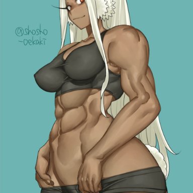 1girls, abs, bunny ears, dark-skinned female, dark skin, miruko, muscular, muscular female, my hero academia, pinup, rumi usagiyama, shosho oekaki, solo, sports bra, white hair