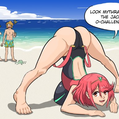 1boy, 2girls, beach, blonde, dialogue, face down ass up, facepalm, ice cream, ice cream cone, jack-o pose, link, meme, mythra, oblivious, one-piece swimsuit