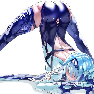 1girls, 2021, ass, ass up, backless outfit, blue hair, clothed, clothed female, eula (genshin impact), female, female focus, female only, flexible, genshin impact, hair ornament