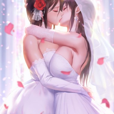 2girls, big breasts, breasts, female, female only, kissing, large breasts, wedding, wedding dress, yuri, yuritamashi