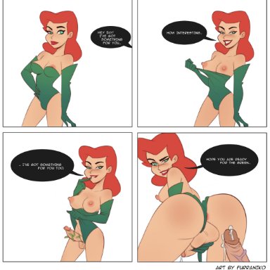 1futa, 4koma, areolae, back, backsack, balls, batman (series), big penis, breasts, clothed, clothing, comic, dc, dialogue, erection