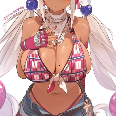 1girls, 2021, artist signature, bandana, bandana on neck, beauty mark, belly button, bikini top, blonde hair, blush, booty shorts, breasts, brown skin, cleavage, cowgirl