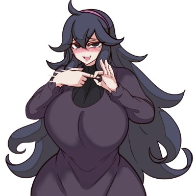 1girls, blush, breasts, cleavage, female, female only, hex maniac, looking at viewer, nicecream, pokemon, pokemon xy, sex gesture, solo