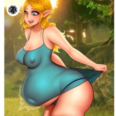 bbw, belly, big belly, blonde hair, breasts, breath of the wild, chubby, fat, female, fishflavored, nipples, nipples visible through clothing, pregnant, princess zelda, skimpy