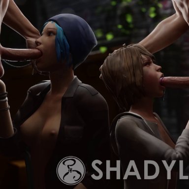 2boys, 2girls, 4k, alley, blowjob, blue eyes, blue hair, brown hair, chloe price, drooling, face fucking, facefuck, fellatio, lesbian with male, life is strange