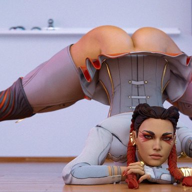 1girls, 3d, apex legends, ass, big ass, braided hair, eye contact, female, heel boots, heels, jack-o pose, large ass, loba, looking at viewer, solo