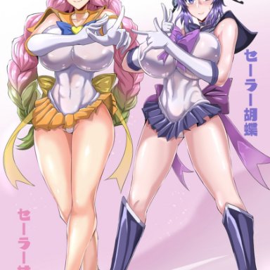 2girls, bare shoulders, bishoujo senshi sailor moon, black hair, breasts, closed mouth, cosplay, curvaceous, curvy, curvy female, curvy figure, demon slayer, gradient hair, green eyes, green hair