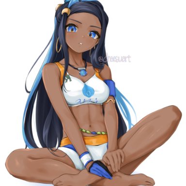 2020s, 2021, abs, armband, bare arms, bare legs, bare midriff, bare shoulders, bare thighs, barefoot, black hair, blue eyes, blue hair, blush, breasts