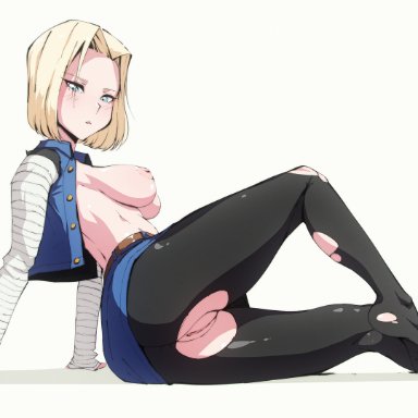 1girls, android 18, areolae, ass, big breasts, blush, dragon ball, dragon ball z, flou, looking at viewer, nipples, no bra, no panties, open shirt, pantyhose